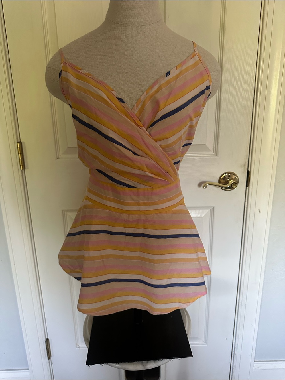 Summery Striped Wrap Peplum Cami Top - Pink, Yellow, Navy